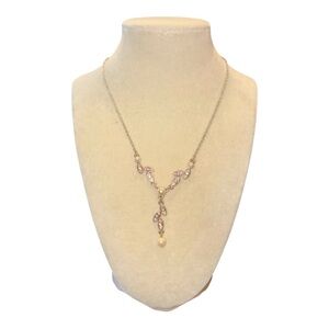 Vintage SAQ Rhinestone Leaf & Faux Pearl Y-Drop Necklace J26